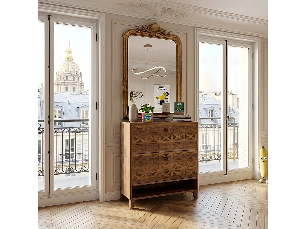 Meuble à chaussures rustique 2 tiroirs façades sculptées