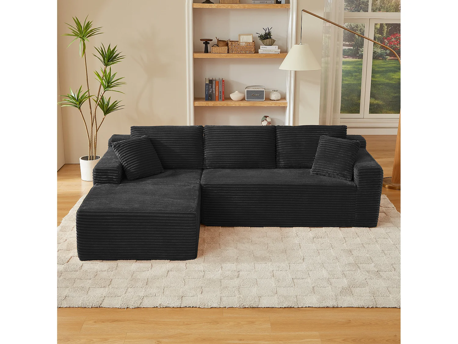 Canapé d'angle modulable 3 places, mousse mémoire, tissu noir