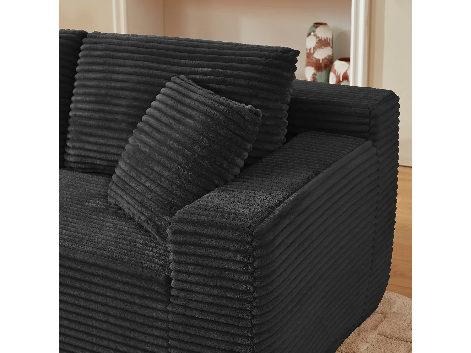 Canapé d'angle modulable 3 places, mousse mémoire, tissu noir