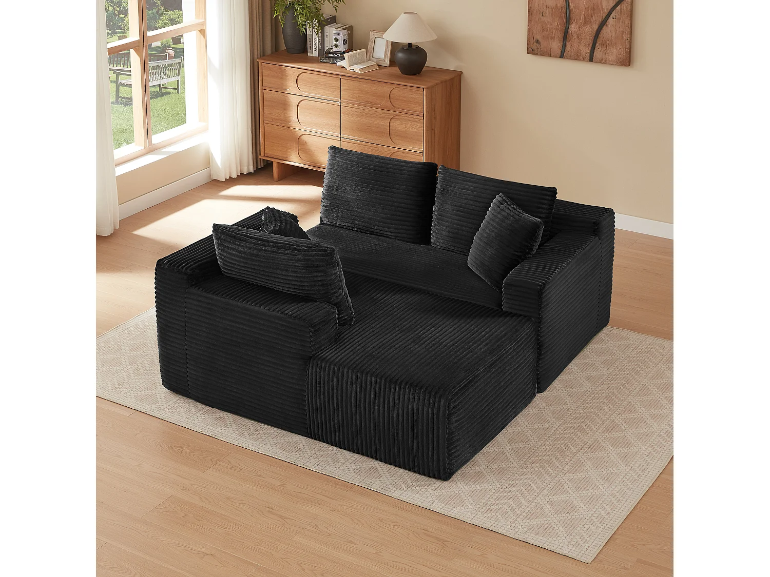 Canapé d'angle modulable 3 places, mousse mémoire, tissu noir