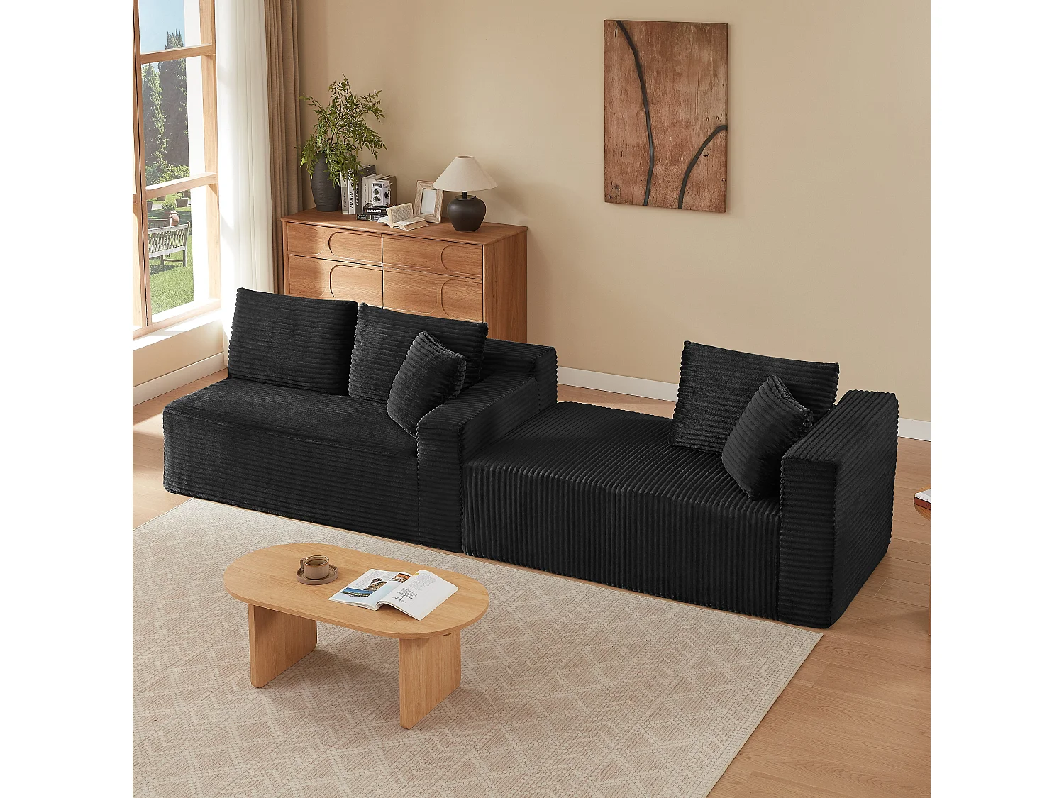 Canapé d'angle modulable 3 places, mousse mémoire, tissu noir