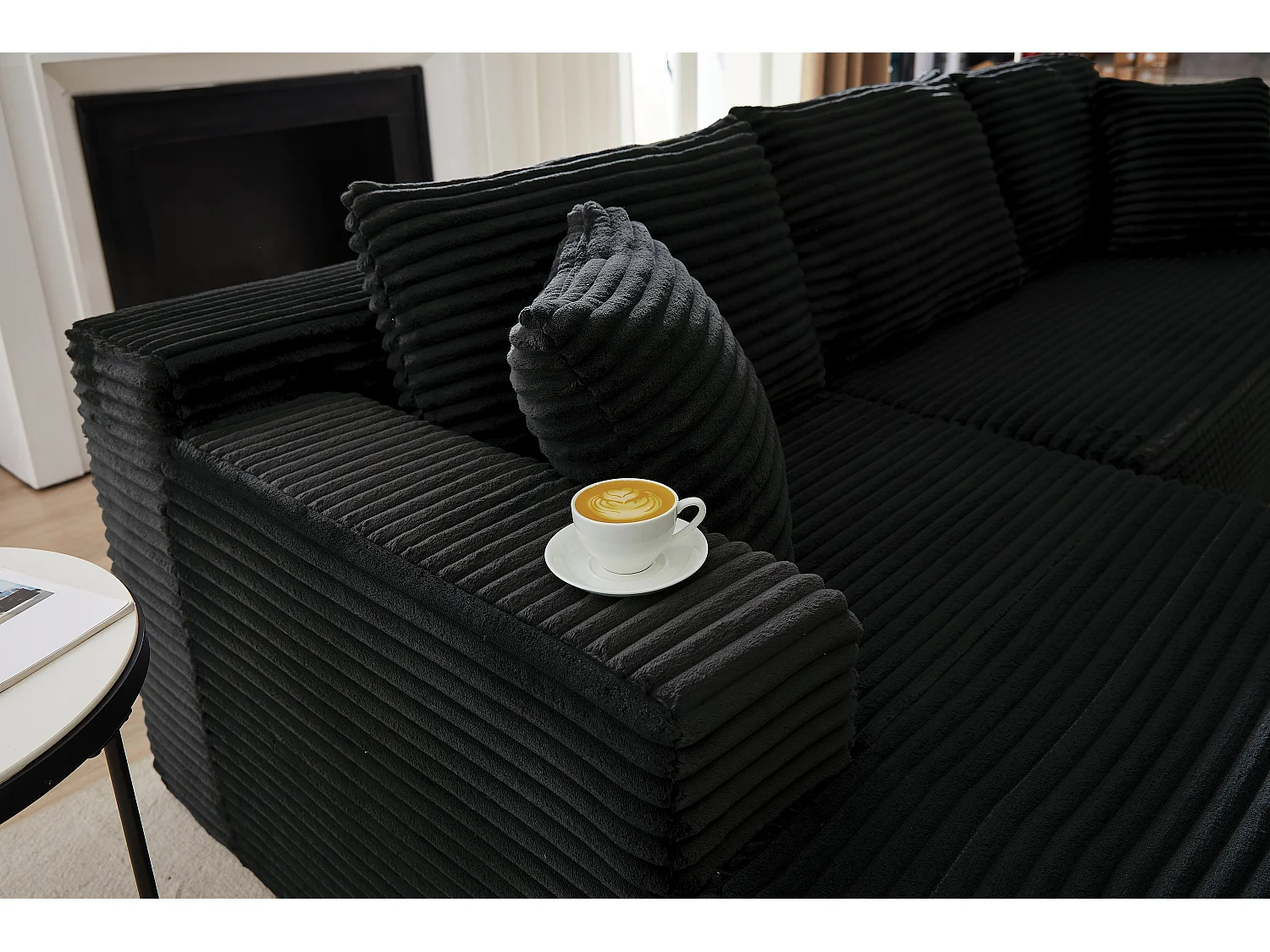 Canapé d'angle modulable 3 places, mousse mémoire, tissu noir