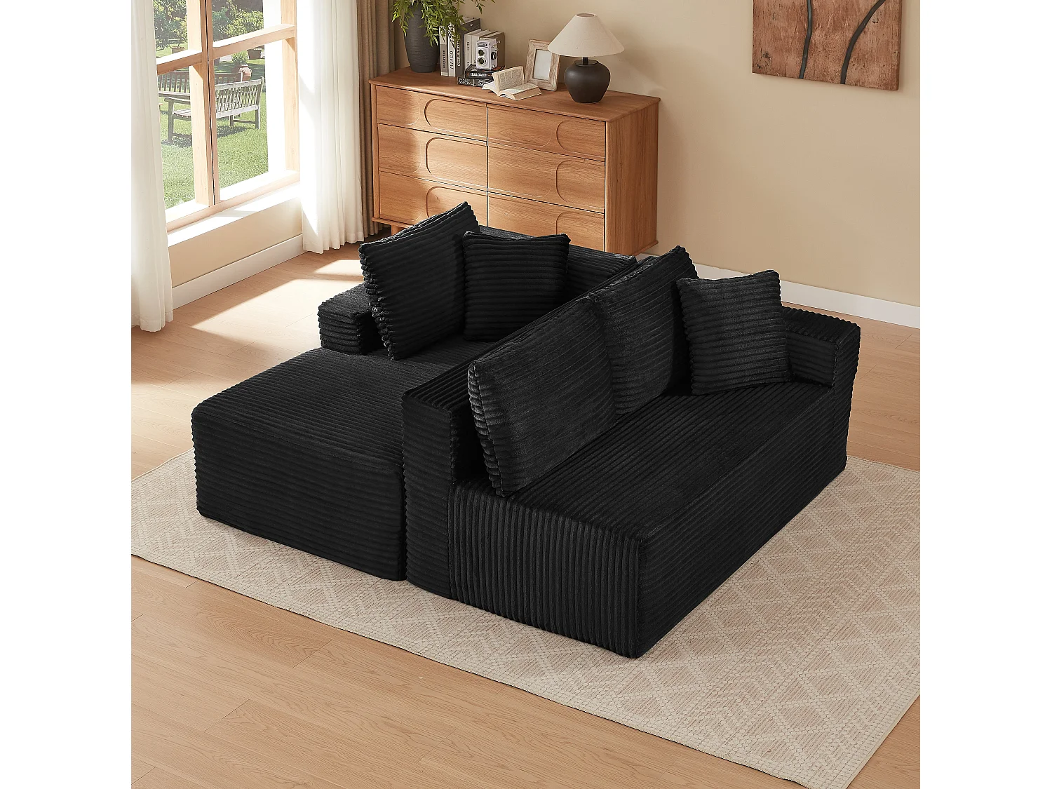 Canapé d'angle modulable 3 places, mousse mémoire, tissu noir