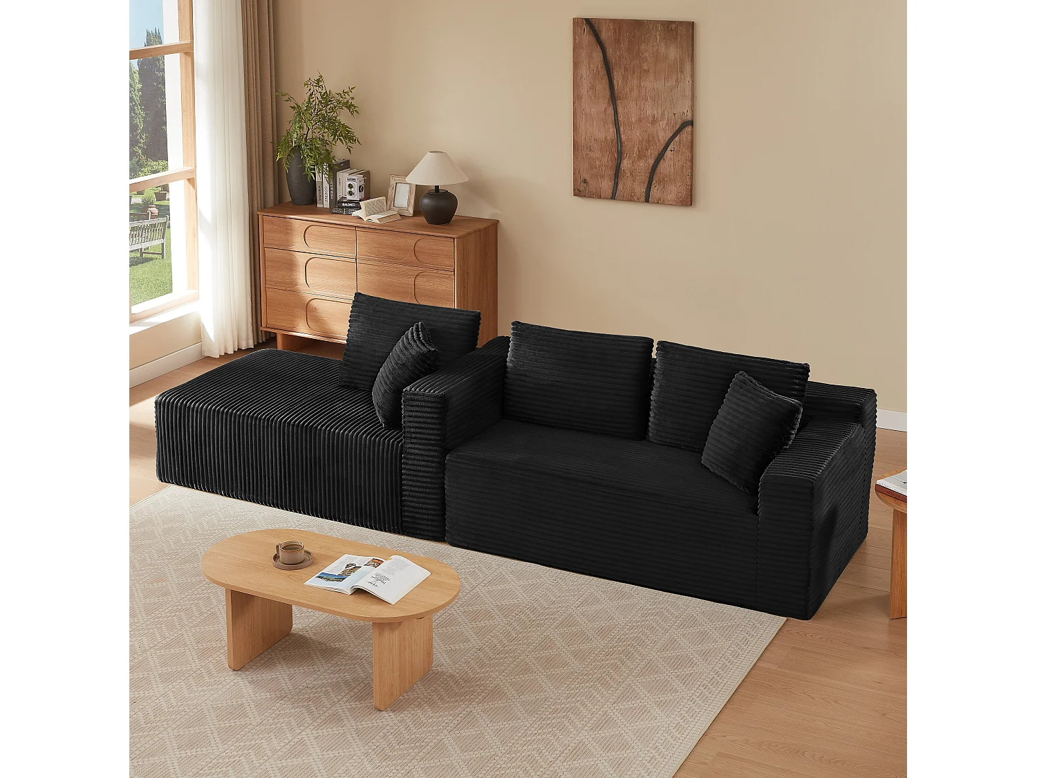 Canapé d'angle modulable 3 places, mousse mémoire, tissu noir