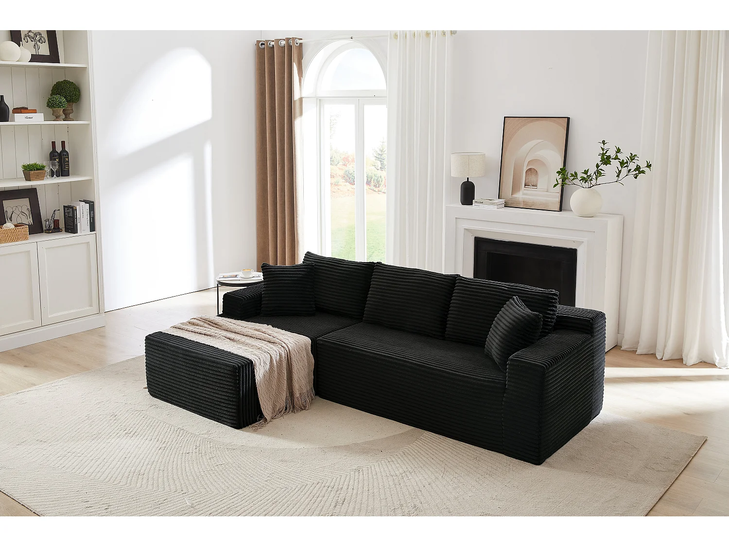 Canapé d'angle modulable 3 places, mousse mémoire, tissu noir