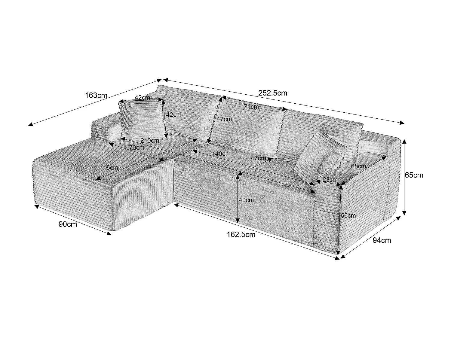 Canapé d'angle modulable 3 places, mousse mémoire, tissu noir