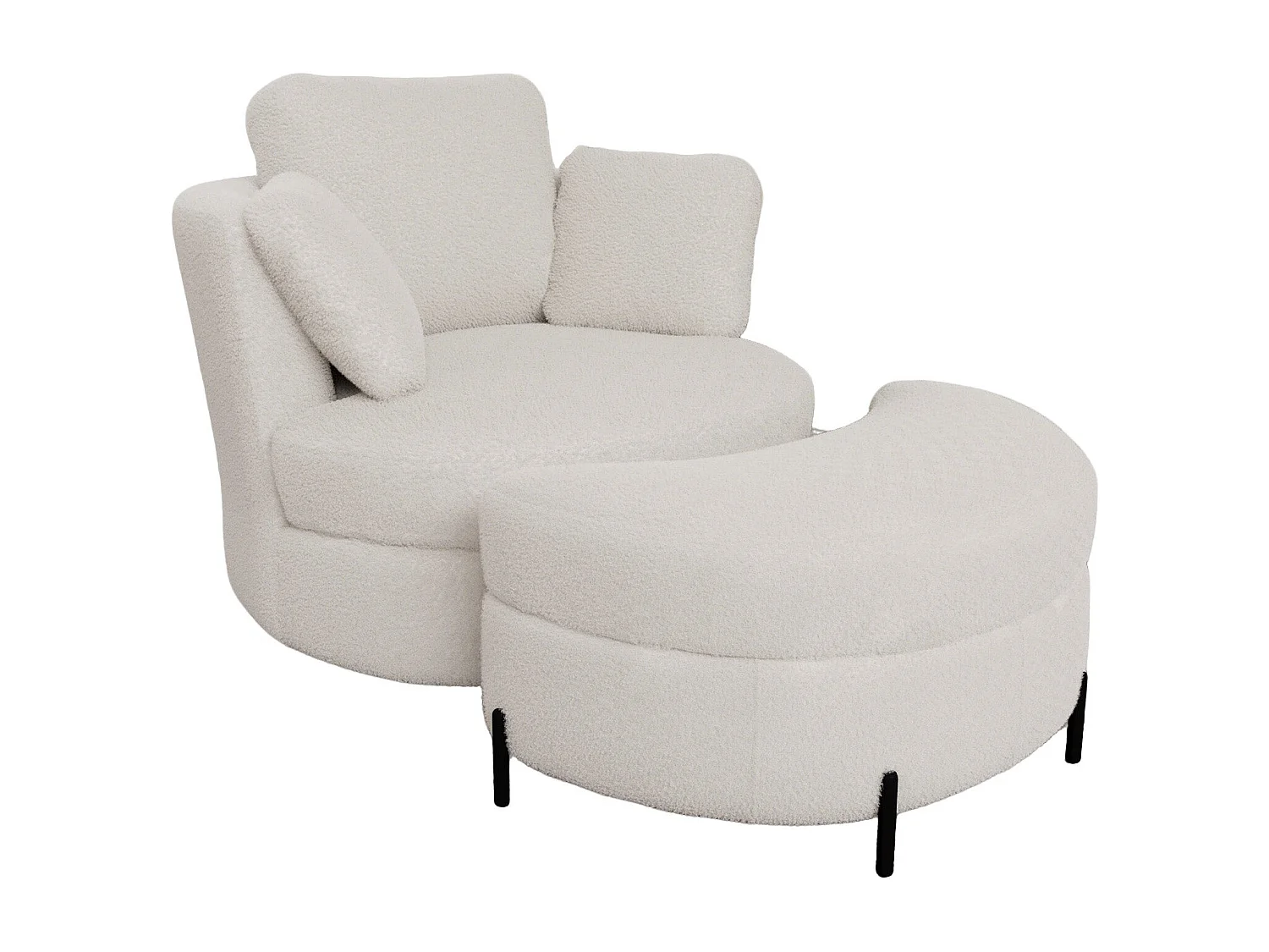 Fauteuil XXL moderne bouclé beige 3 coussins avec pouf ultra-confortable