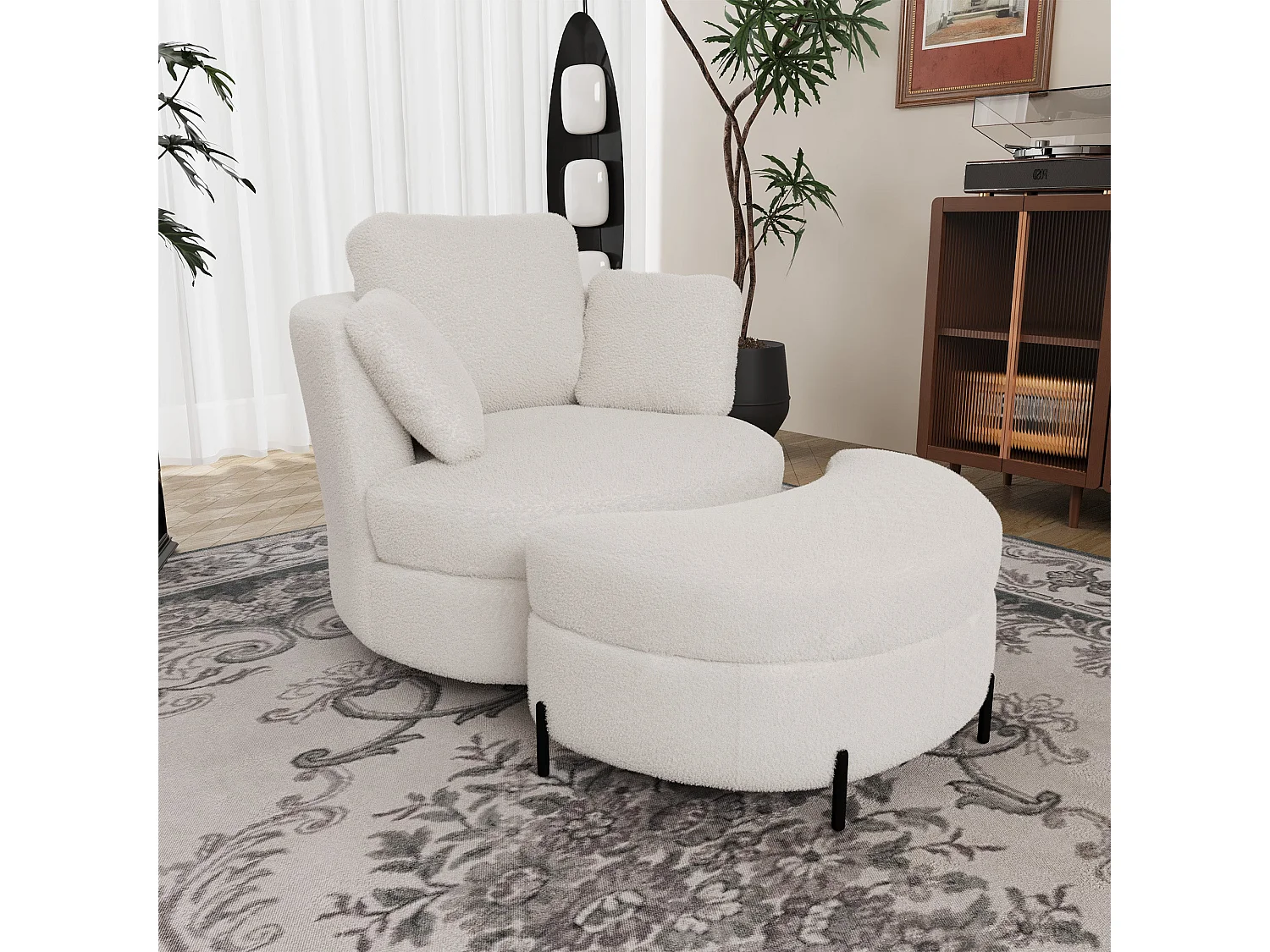 Fauteuil XXL moderne bouclé beige 3 coussins avec pouf ultra-confortable