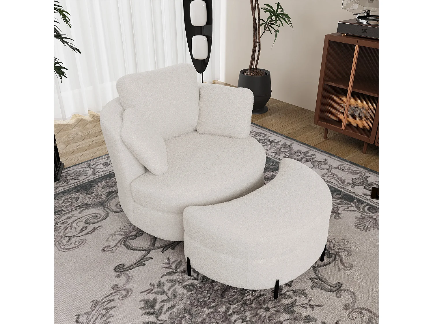 Fauteuil XXL moderne bouclé beige 3 coussins avec pouf ultra-confortable