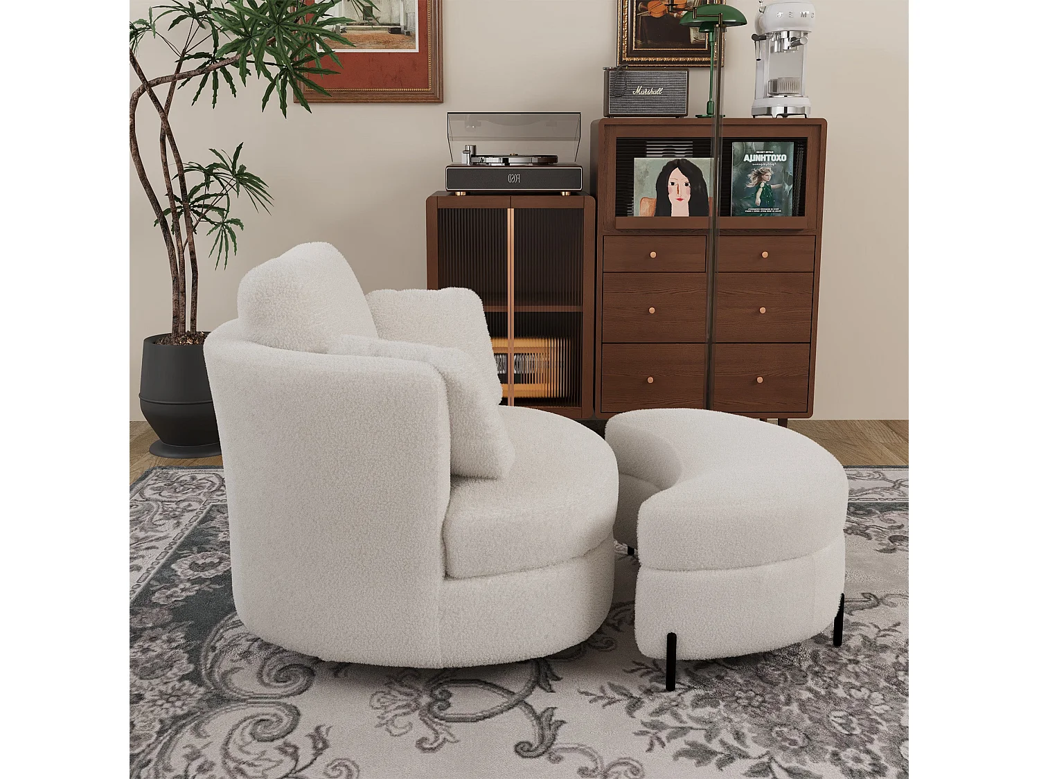 Fauteuil XXL moderne bouclé beige 3 coussins avec pouf ultra-confortable