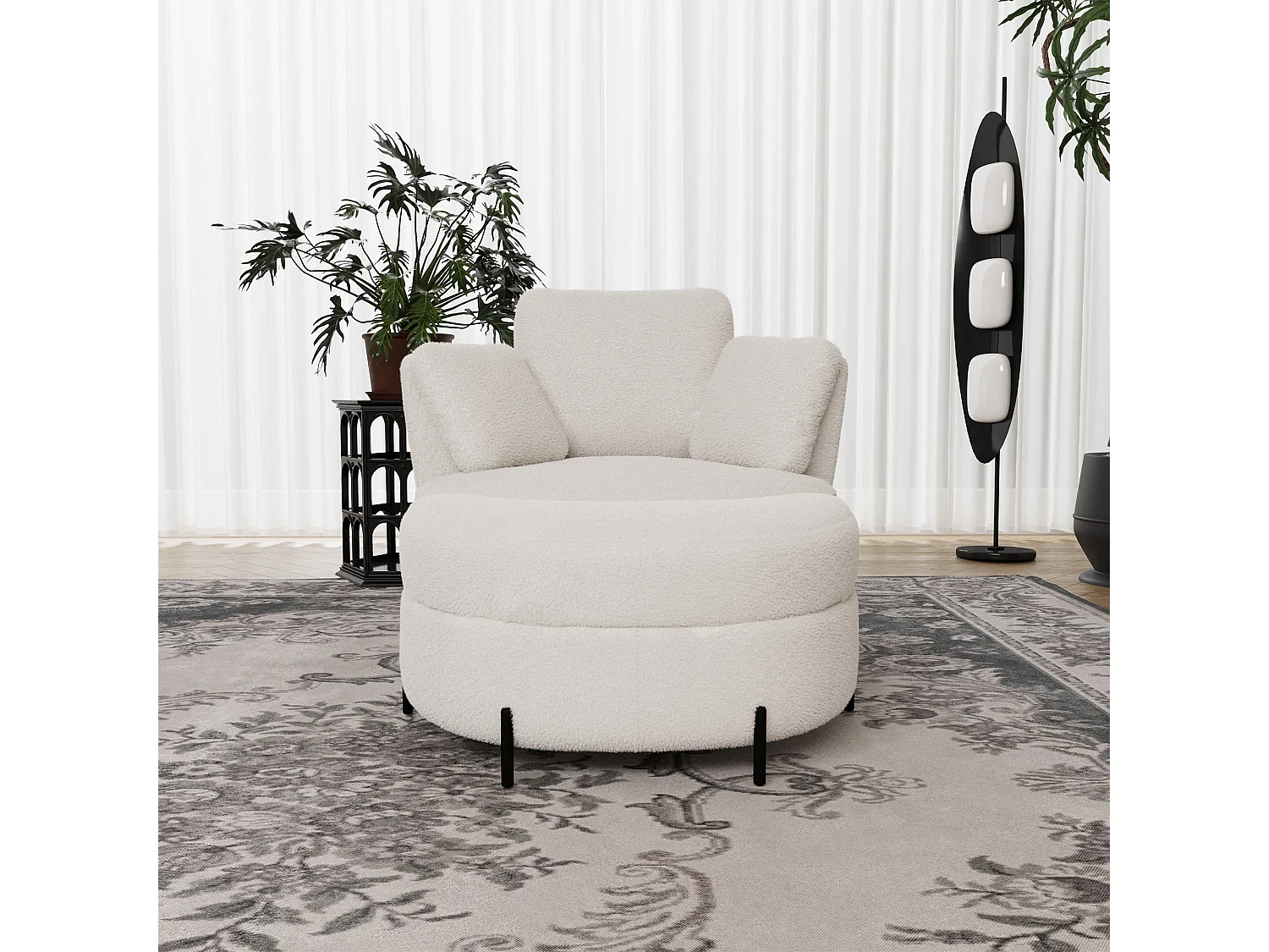 Fauteuil XXL moderne bouclé beige 3 coussins avec pouf ultra-confortable