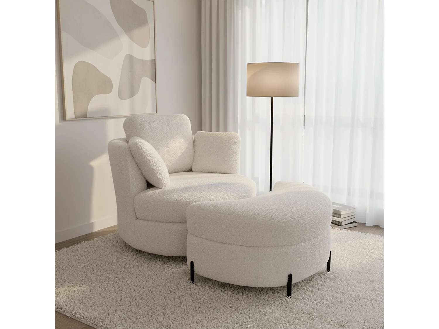 Fauteuil XXL moderne bouclé beige 3 coussins avec pouf ultra-confortable