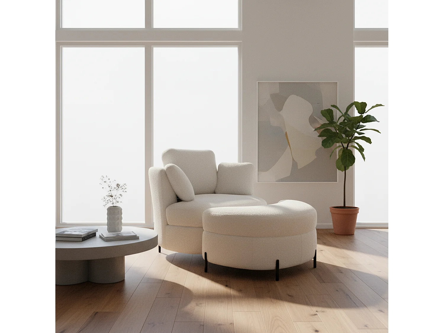 Fauteuil XXL moderne bouclé beige 3 coussins avec pouf ultra-confortable