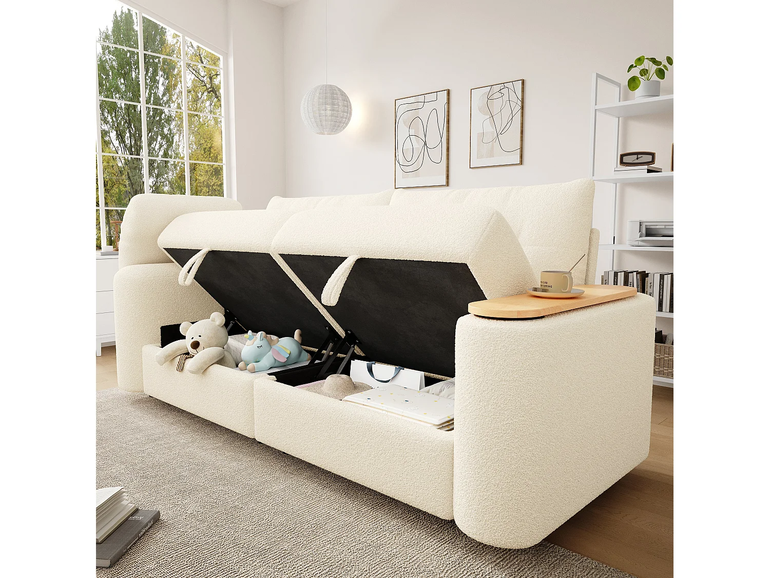 Canapé 3 places avec coffre en tissu beige
