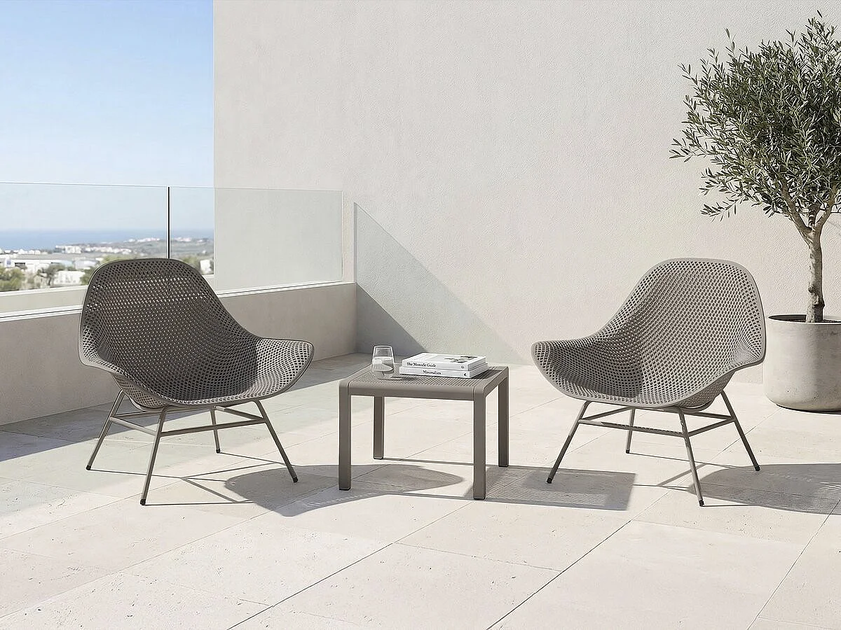 Lot de 2 fauteuils de jardin avec table basse "Soléna" - Taupe