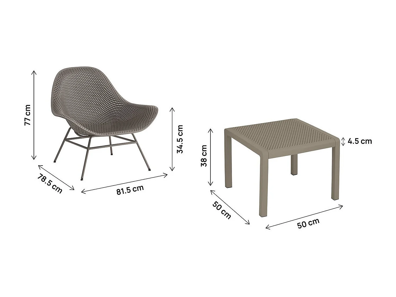Lot de 2 fauteuils de jardin avec table basse "Soléna" - Taupe