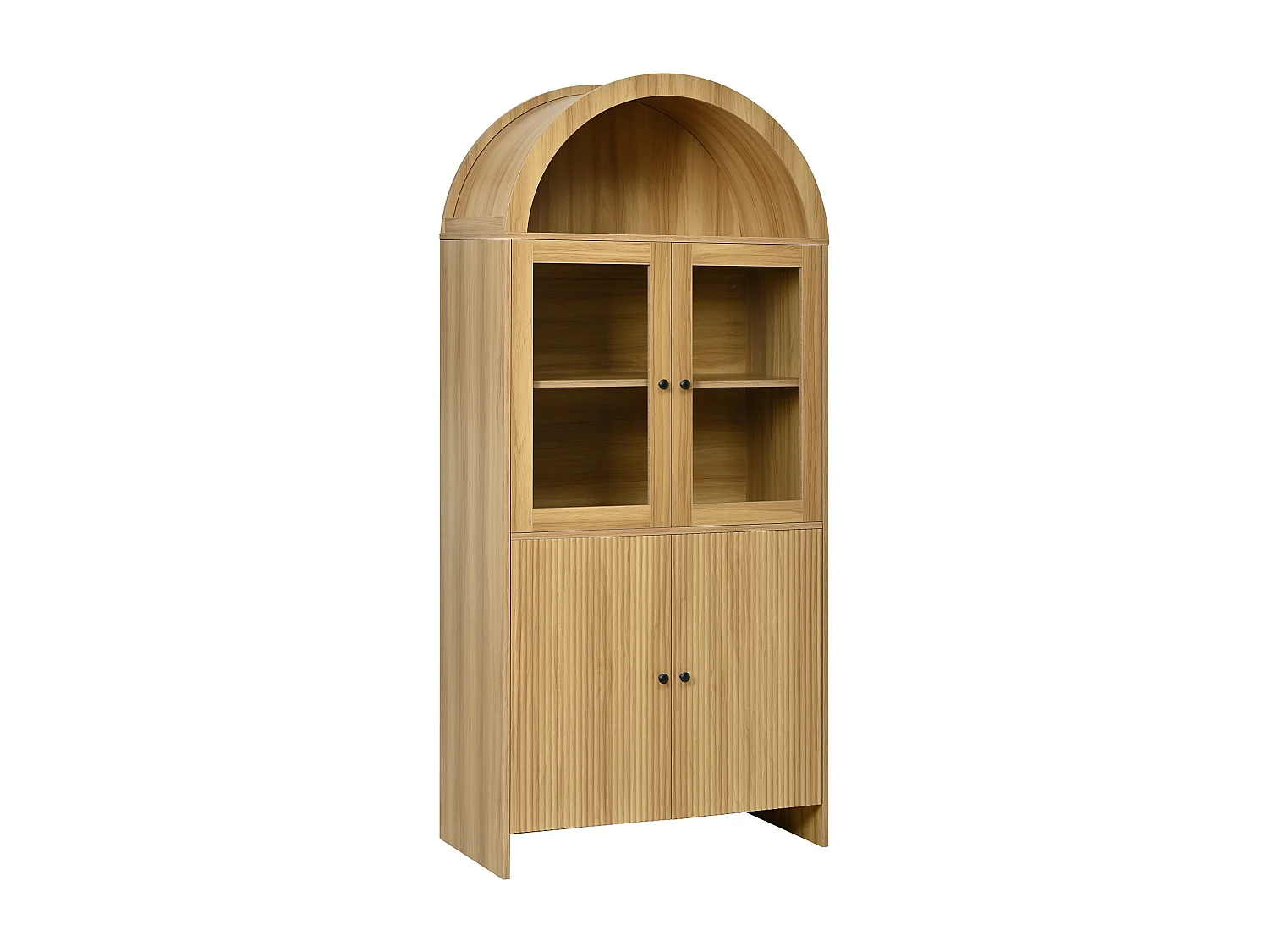 Bibliothèque effet bois arche vitrine verre portes cannelées 78x40x176cm