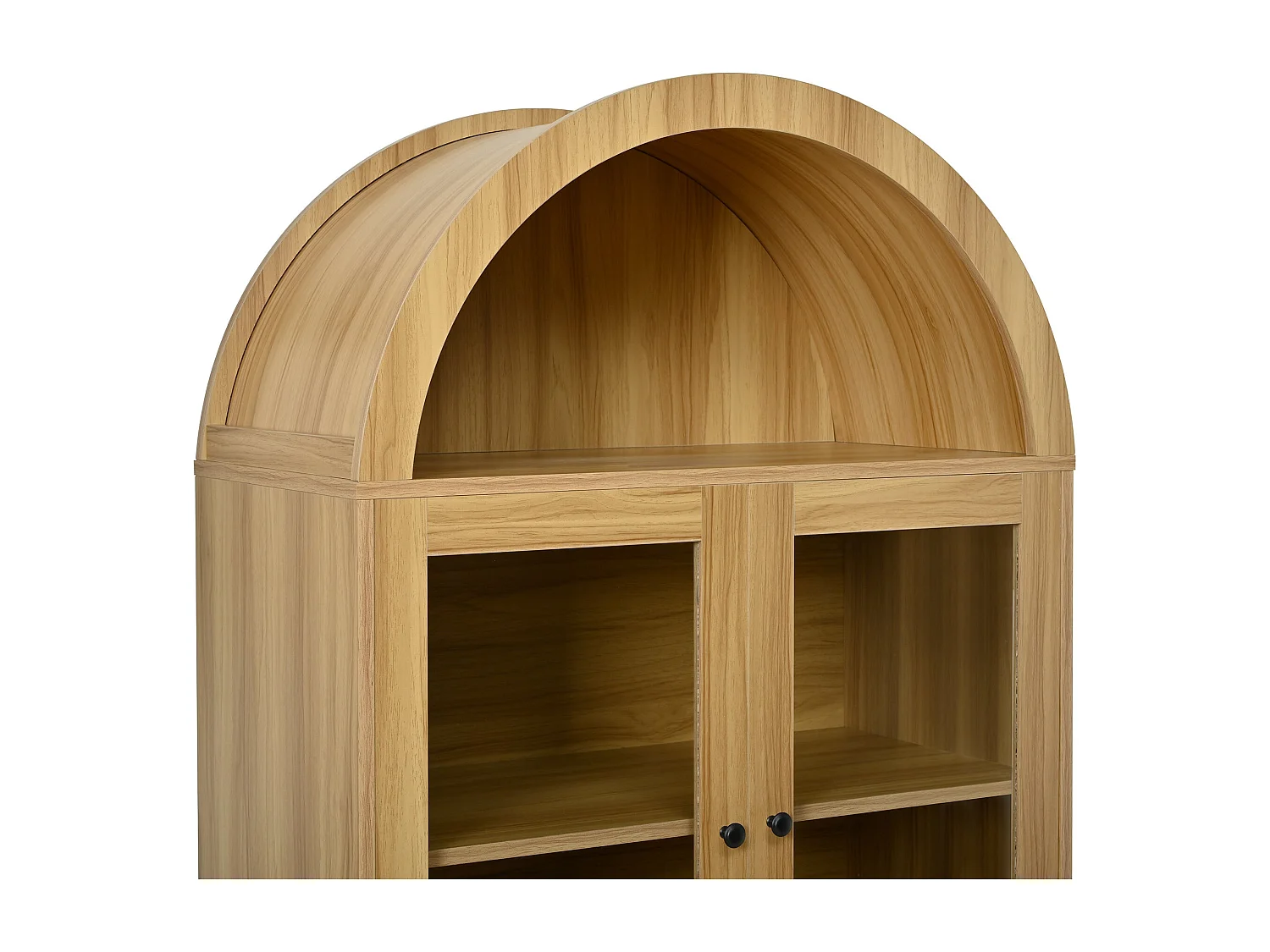 Bibliothèque effet bois arche vitrine verre portes cannelées 78x40x176cm