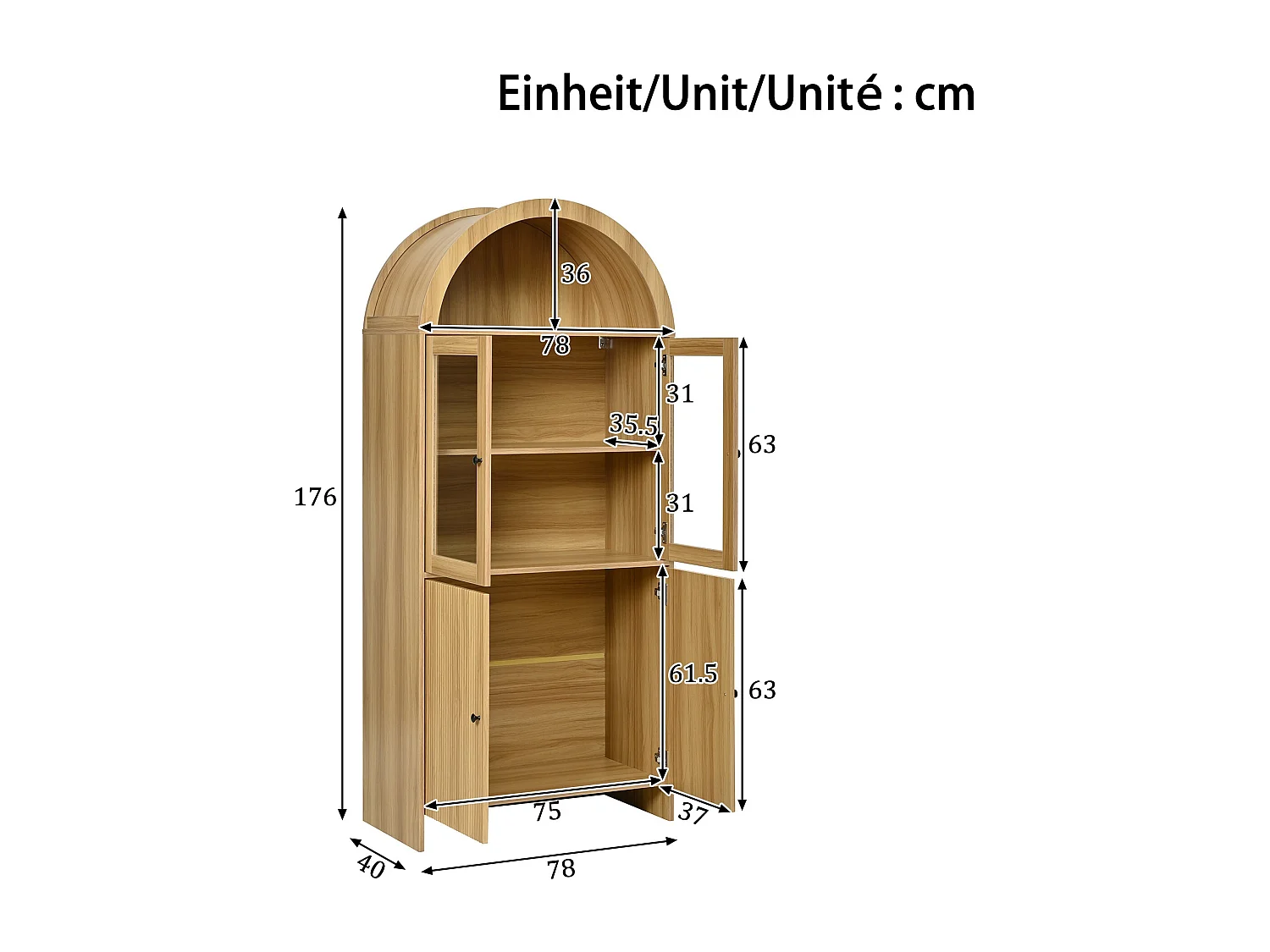 Bibliothèque effet bois arche vitrine verre portes cannelées 78x40x176cm
