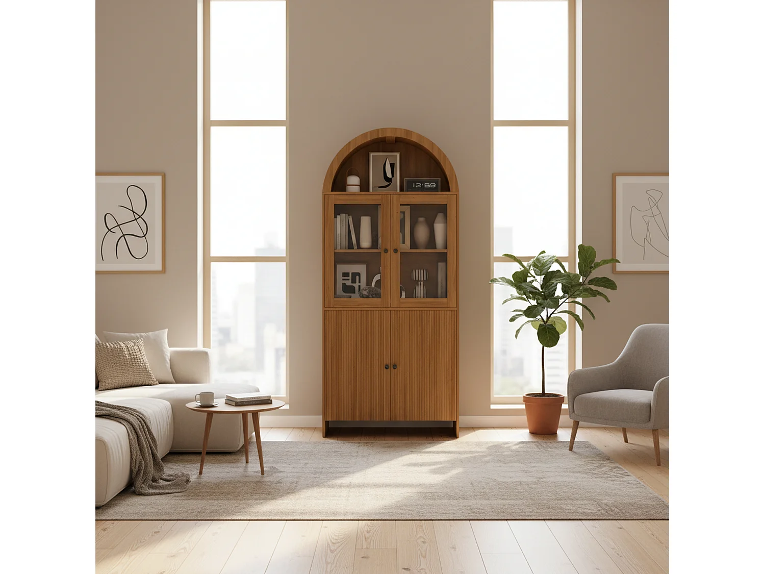 Bibliothèque effet bois arche vitrine verre portes cannelées 78x40x176cm