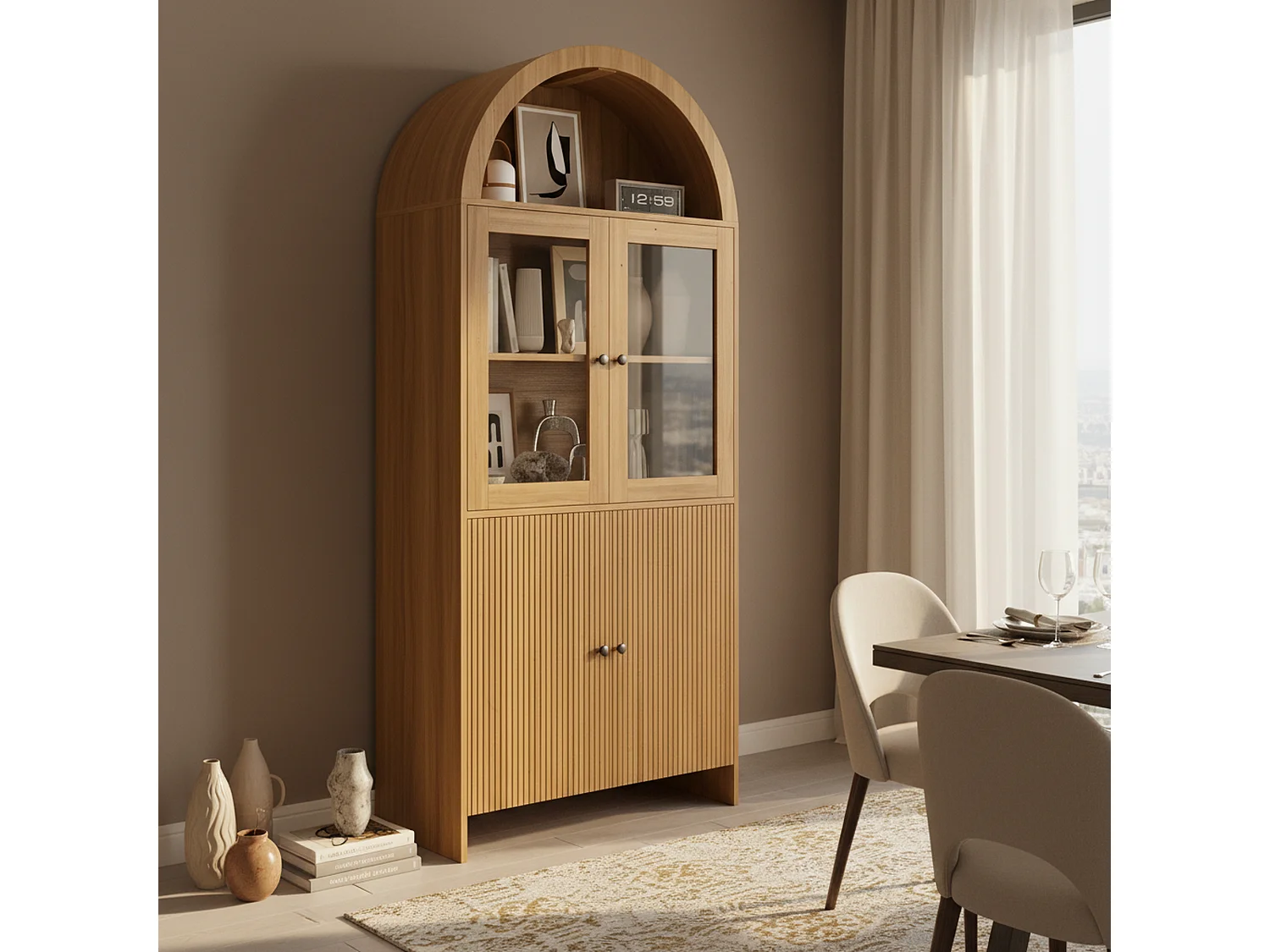 Bibliothèque effet bois arche vitrine verre portes cannelées 78x40x176cm