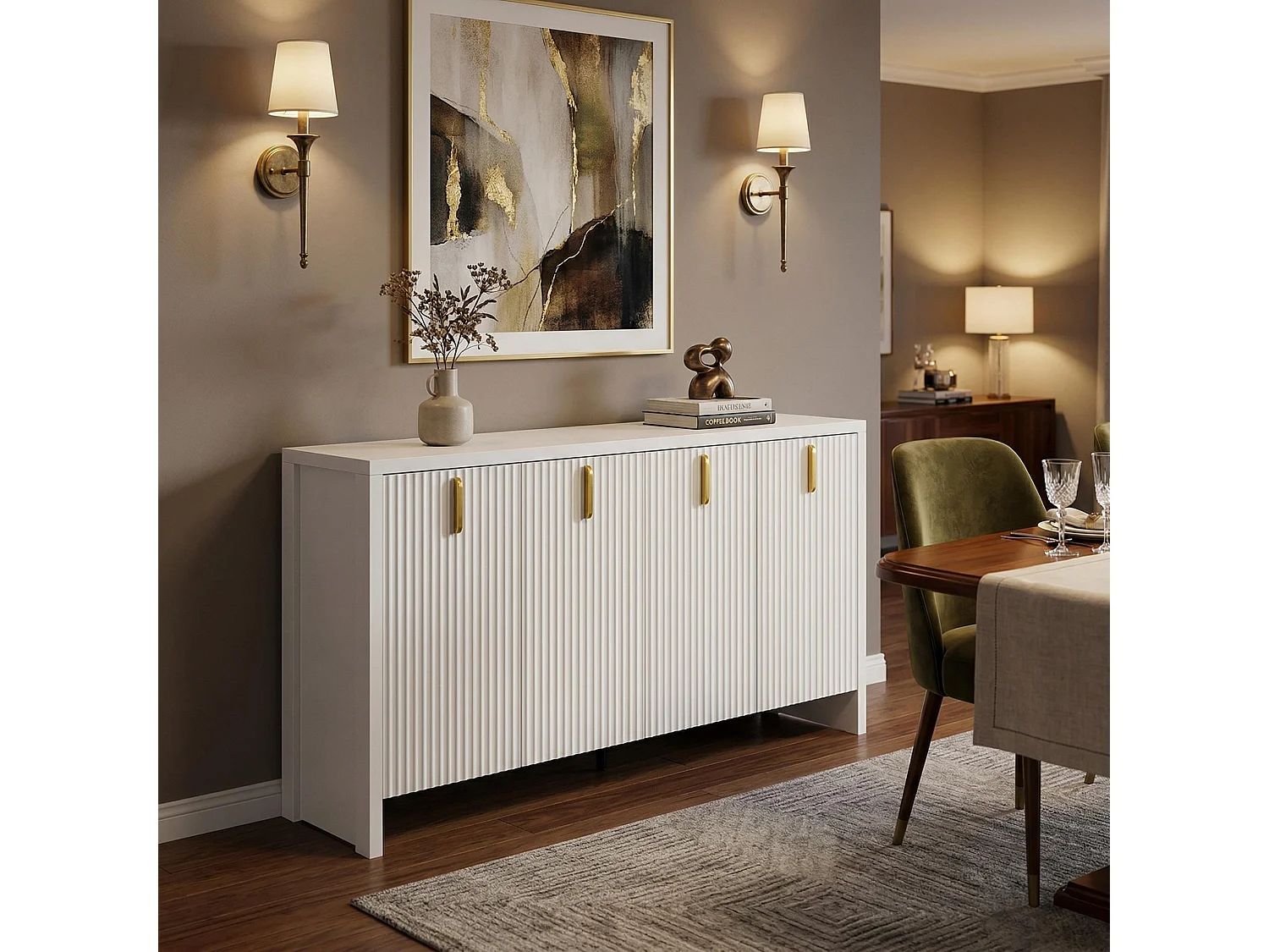 Buffet blanc design ondulé avec poignées dorées 140x38x80cm