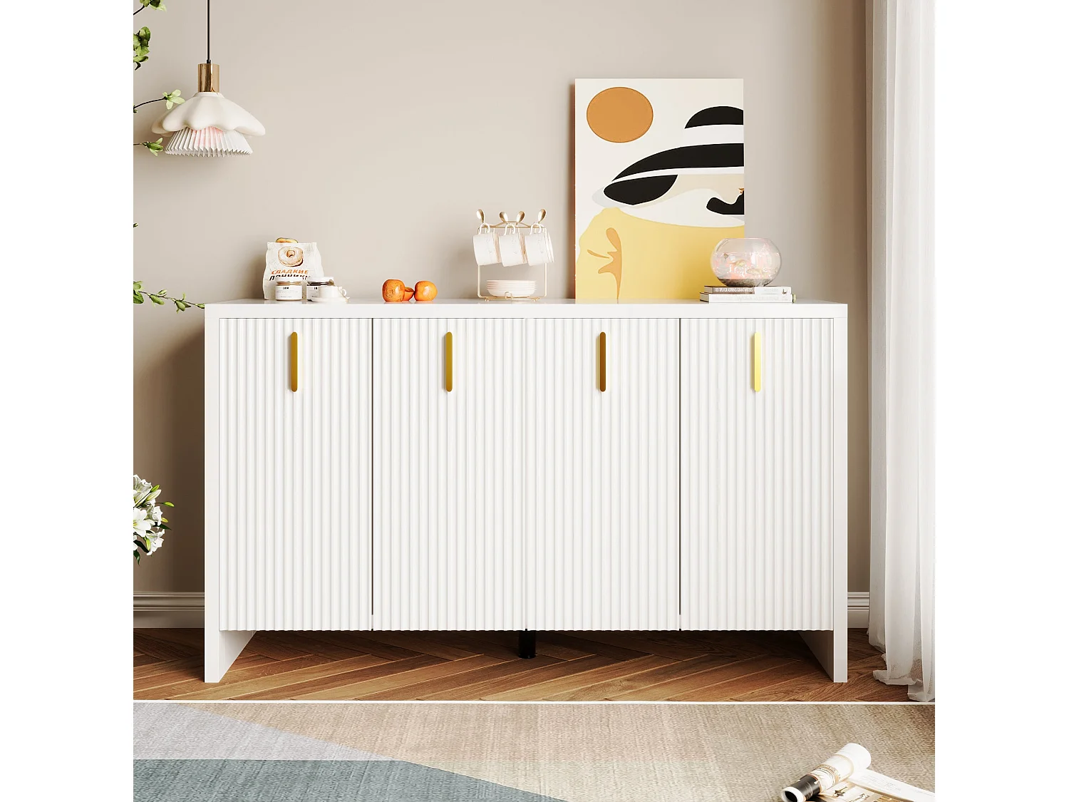 Buffet blanc design ondulé avec poignées dorées 140x38x80cm