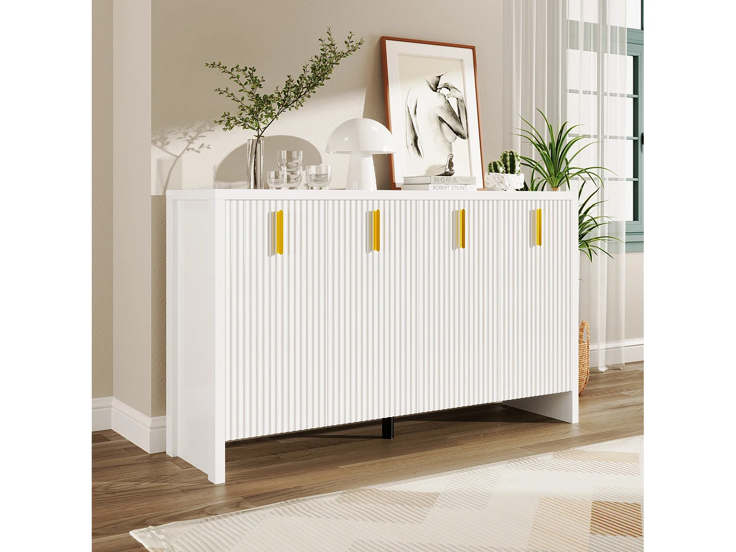 Buffet blanc design ondulé avec poignées dorées 140x38x80cm