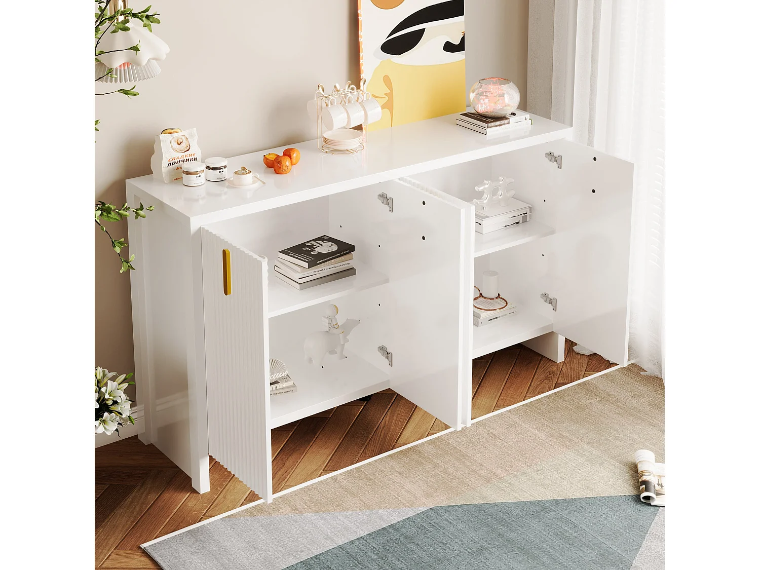Buffet blanc design ondulé avec poignées dorées 140x38x80cm