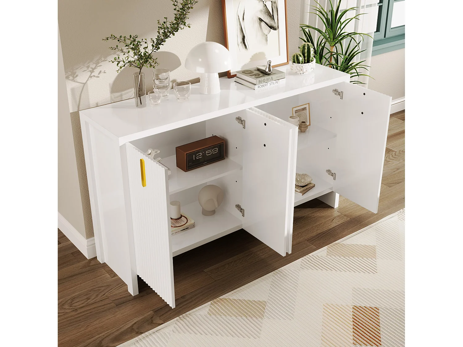 Buffet blanc design ondulé avec poignées dorées 140x38x80cm