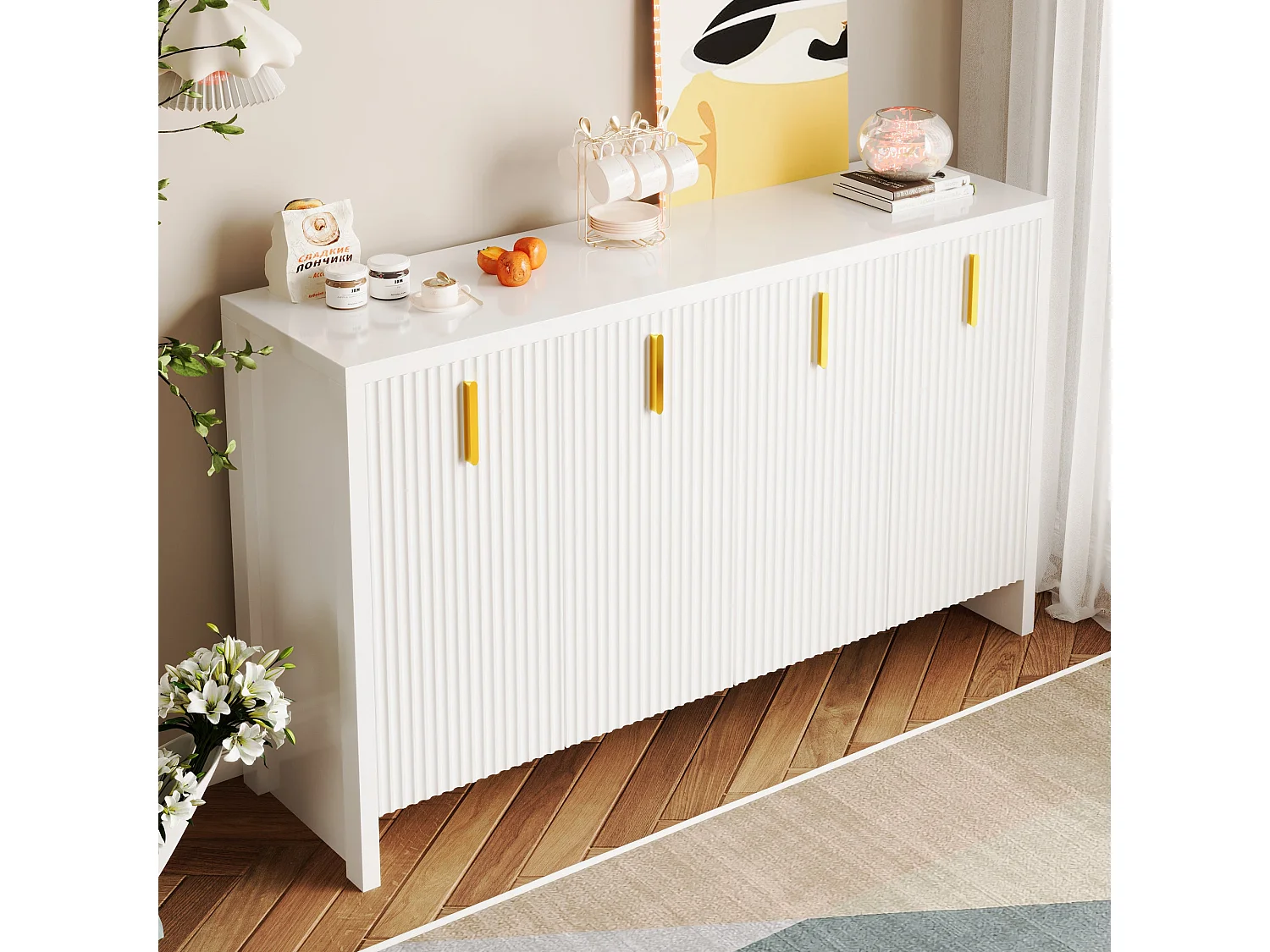 Buffet blanc design ondulé avec poignées dorées 140x38x80cm