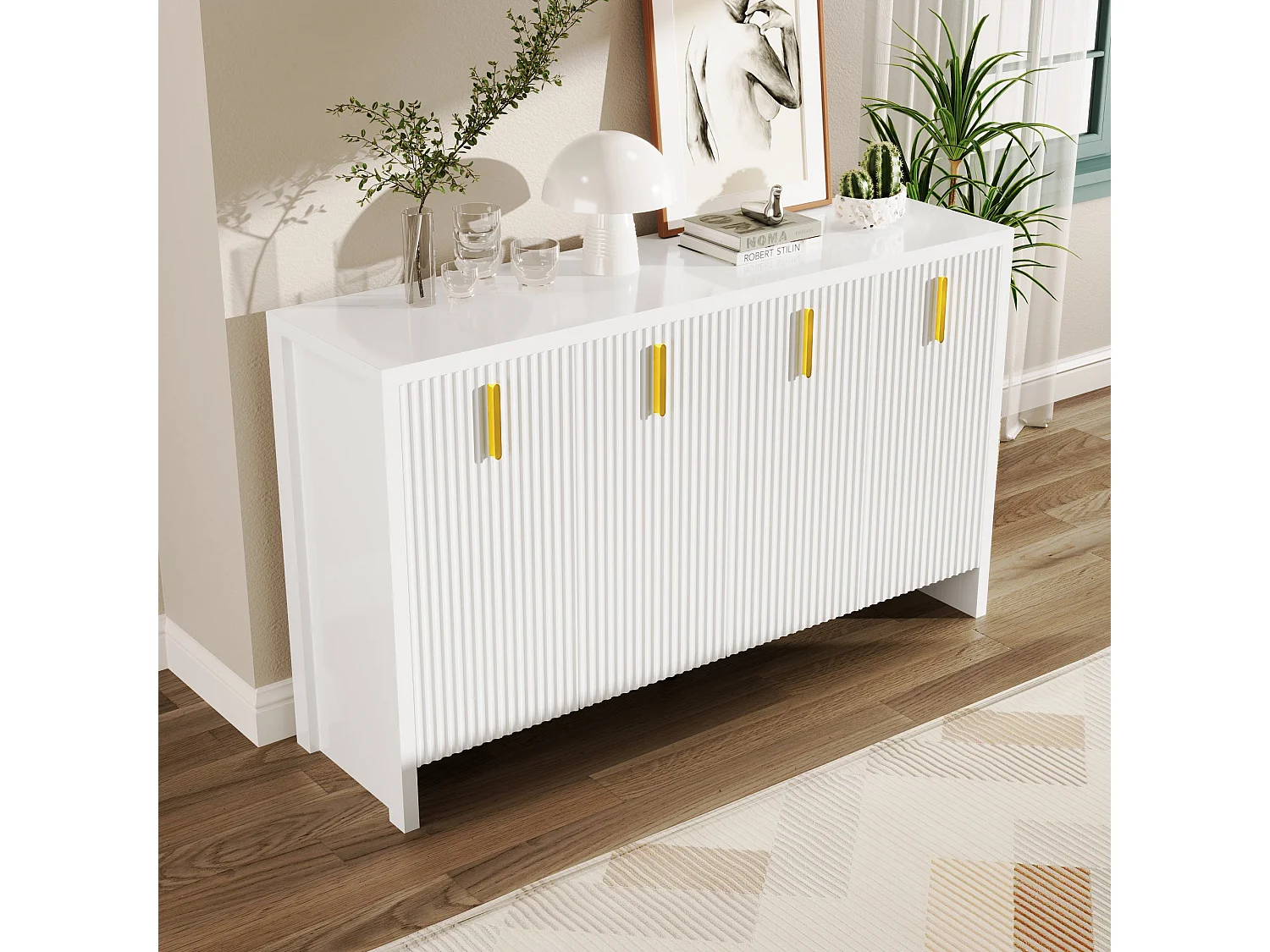 Buffet blanc design ondulé avec poignées dorées 140x38x80cm