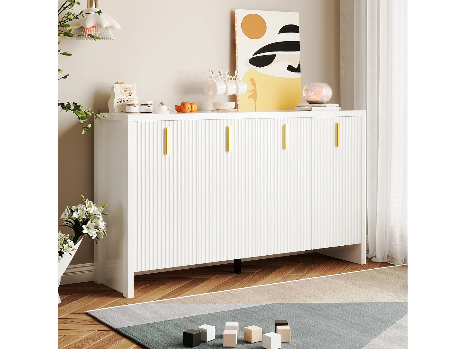 Buffet blanc design ondulé avec poignées dorées 140x38x80cm