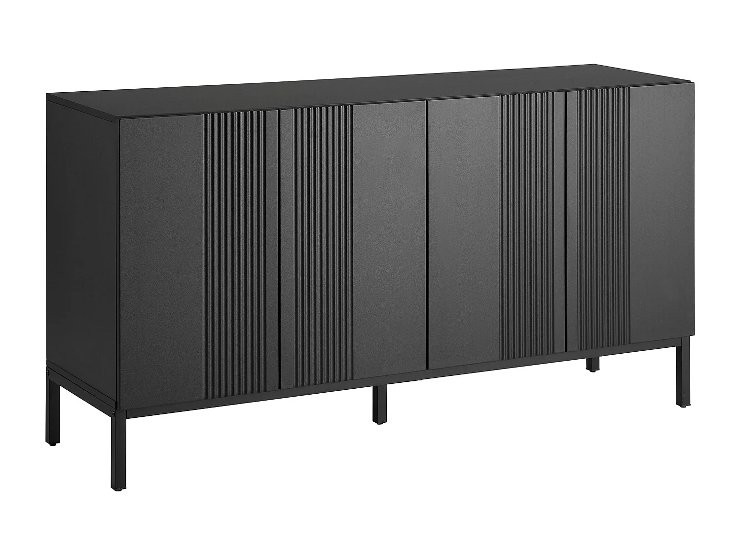 Buffet moderne noir 4 portes à motifs rainurés sans poignées 145x41,5x80 cm