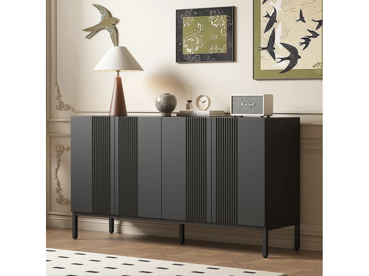 Buffet moderne noir 4 portes à motifs rainurés sans poignées 145x41,5x80 cm