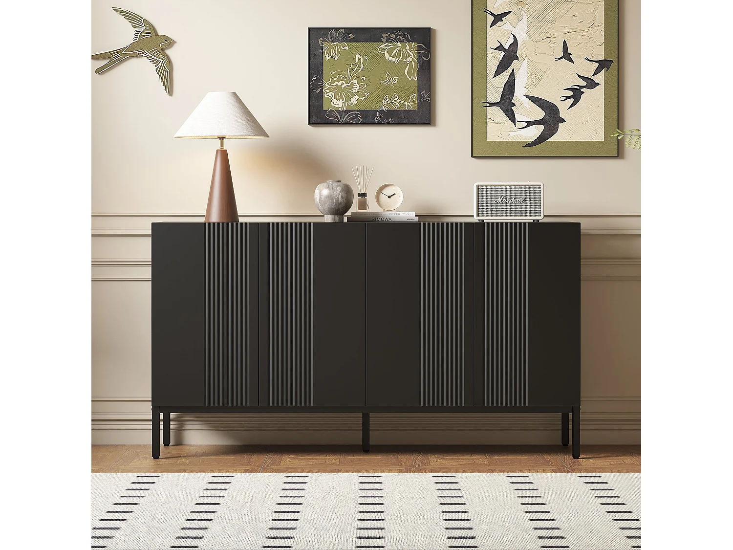 Buffet moderne noir 4 portes à motifs rainurés sans poignées 145x41,5x80 cm