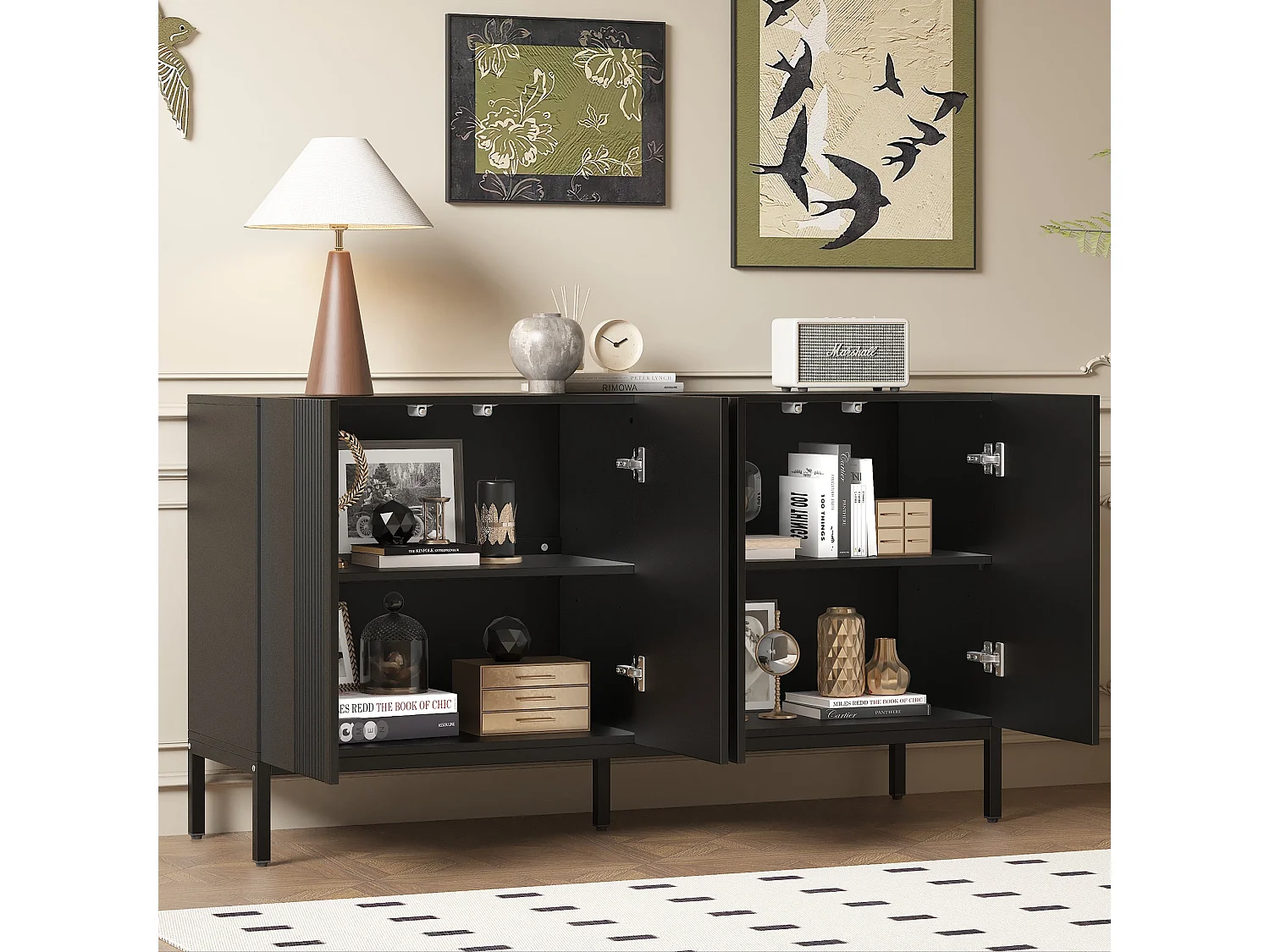 Buffet moderne noir 4 portes à motifs rainurés sans poignées 145x41,5x80 cm