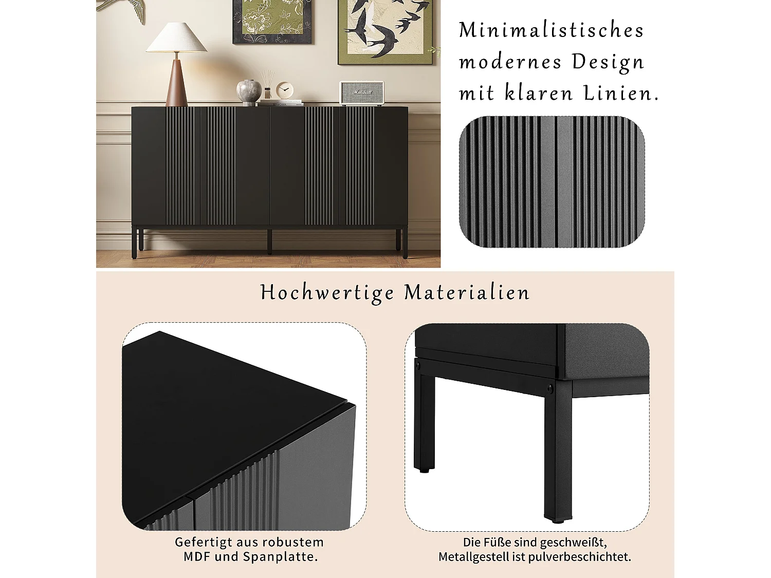 Buffet moderne noir 4 portes à motifs rainurés sans poignées 145x41,5x80 cm