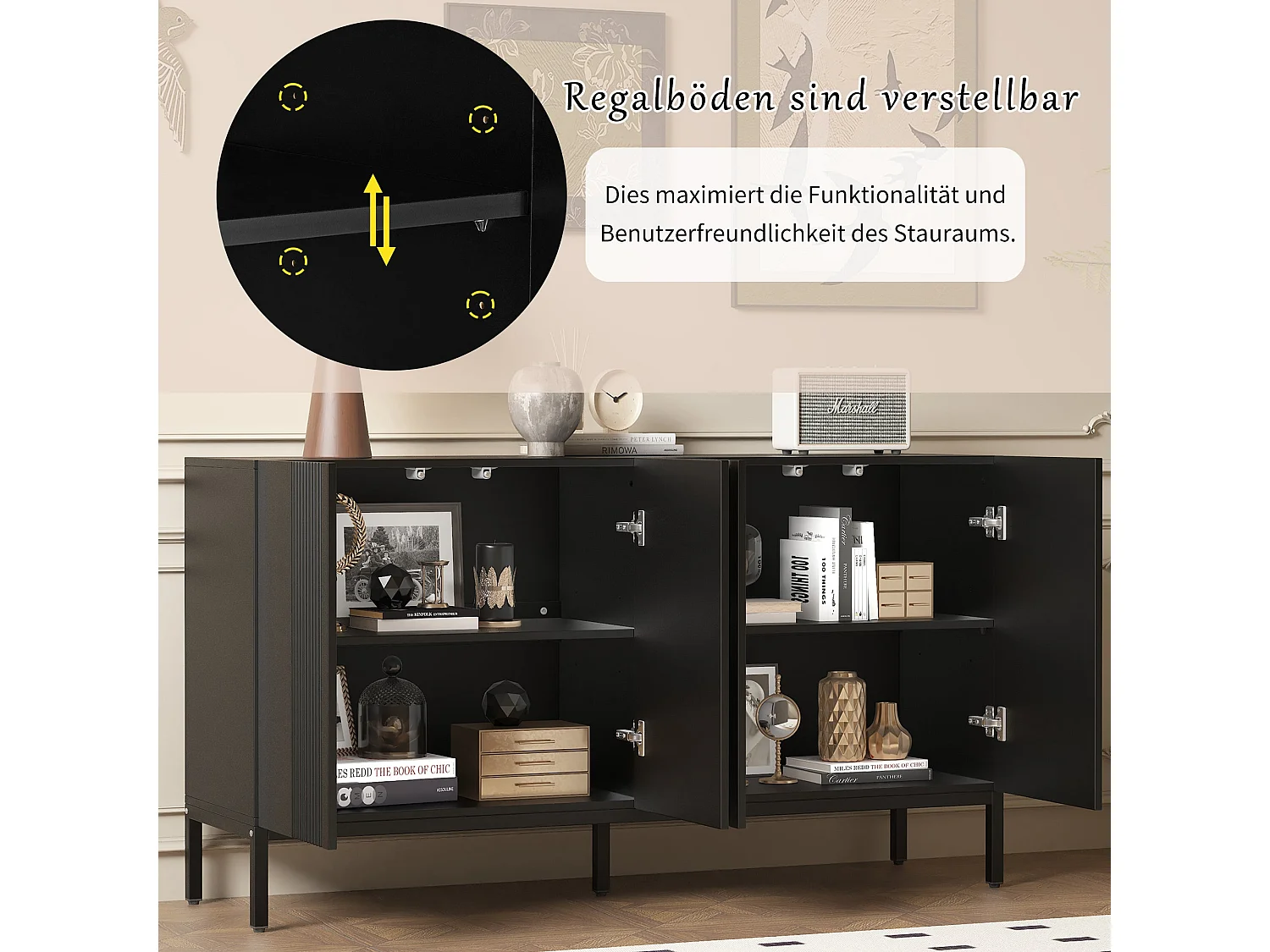 Buffet moderne noir 4 portes à motifs rainurés sans poignées 145x41,5x80 cm