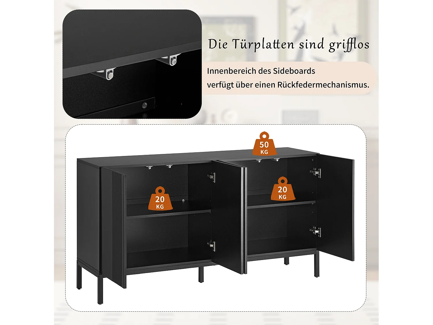 Buffet moderne noir 4 portes à motifs rainurés sans poignées 145x41,5x80 cm