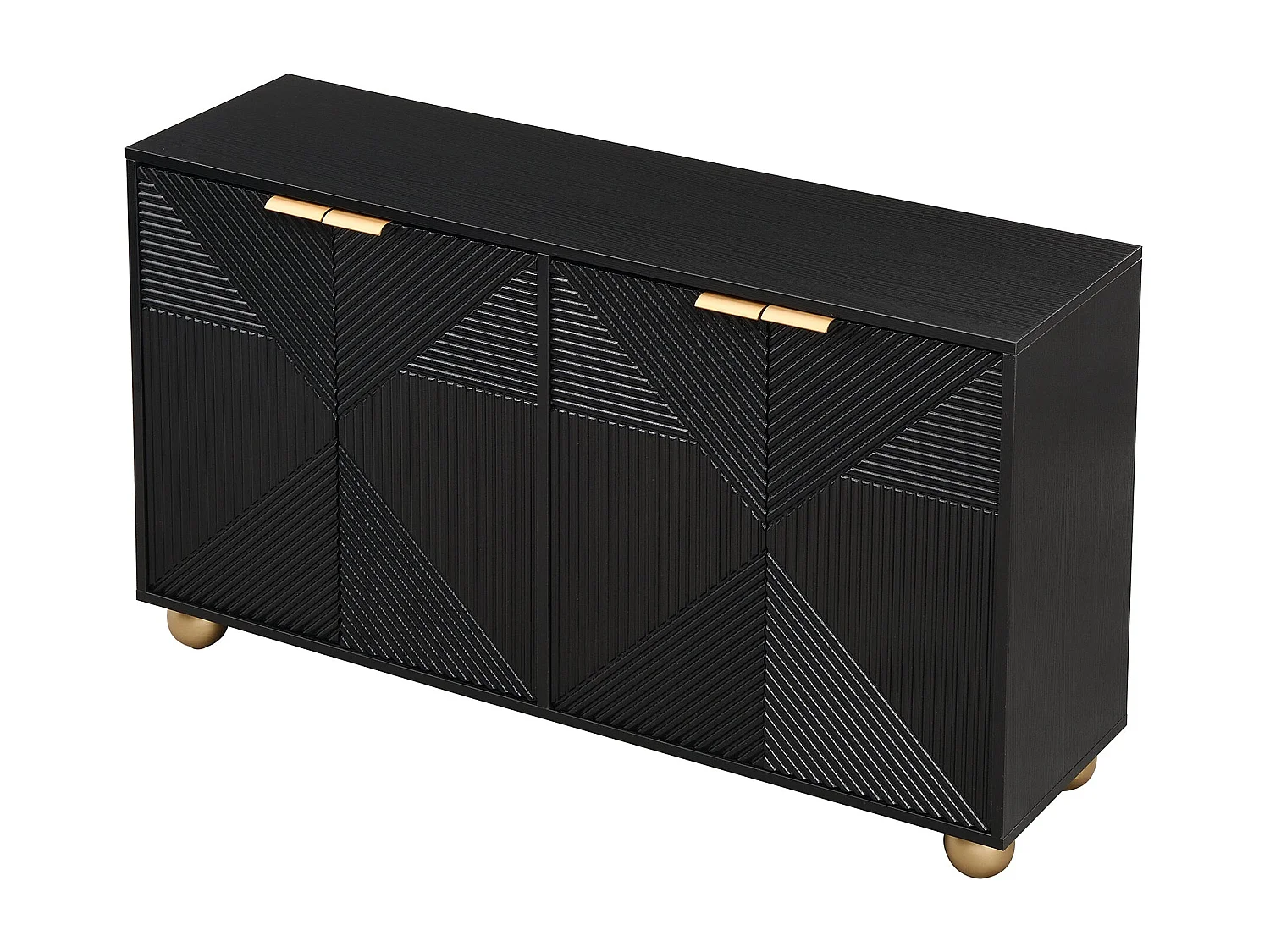 Buffet noir art déco 4 portes sculptées pieds boule, poignées dorés 120x35x71,5cm