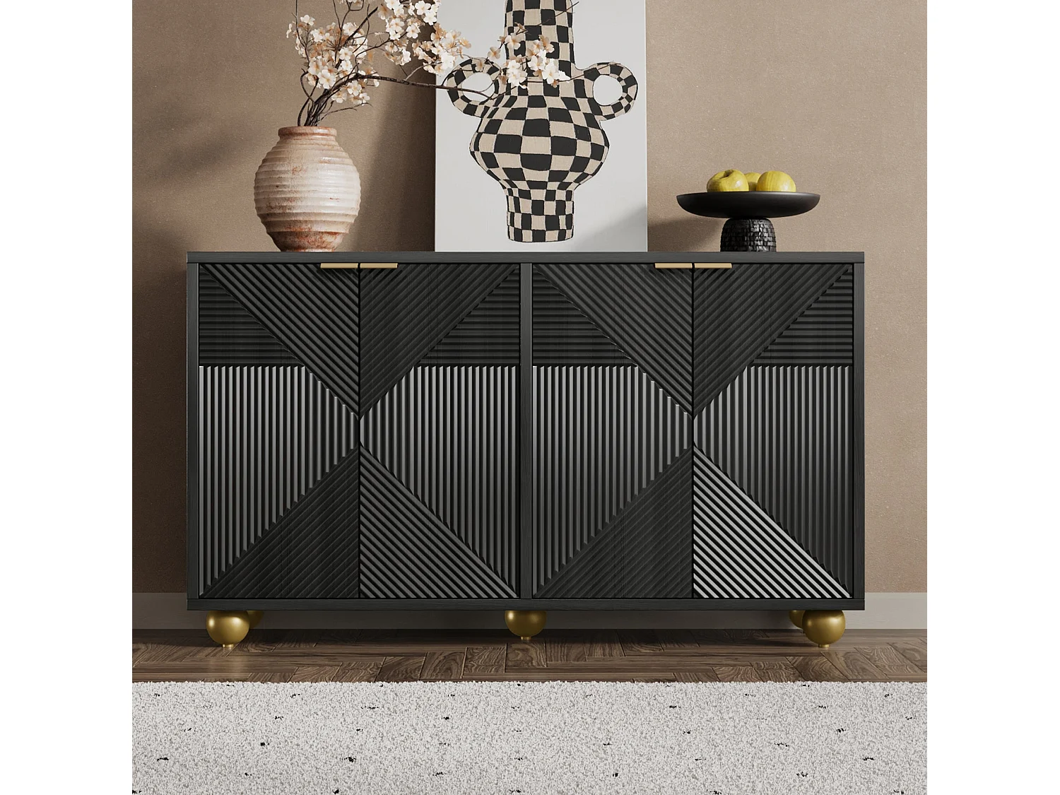 Buffet noir art déco 4 portes sculptées pieds boule, poignées dorés 120x35x71,5cm