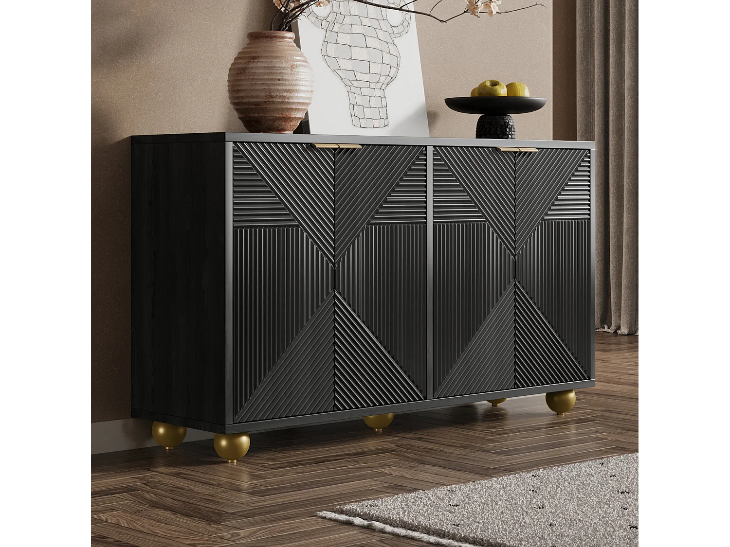 Buffet noir art déco 4 portes sculptées pieds boule, poignées dorés 120x35x71,5cm