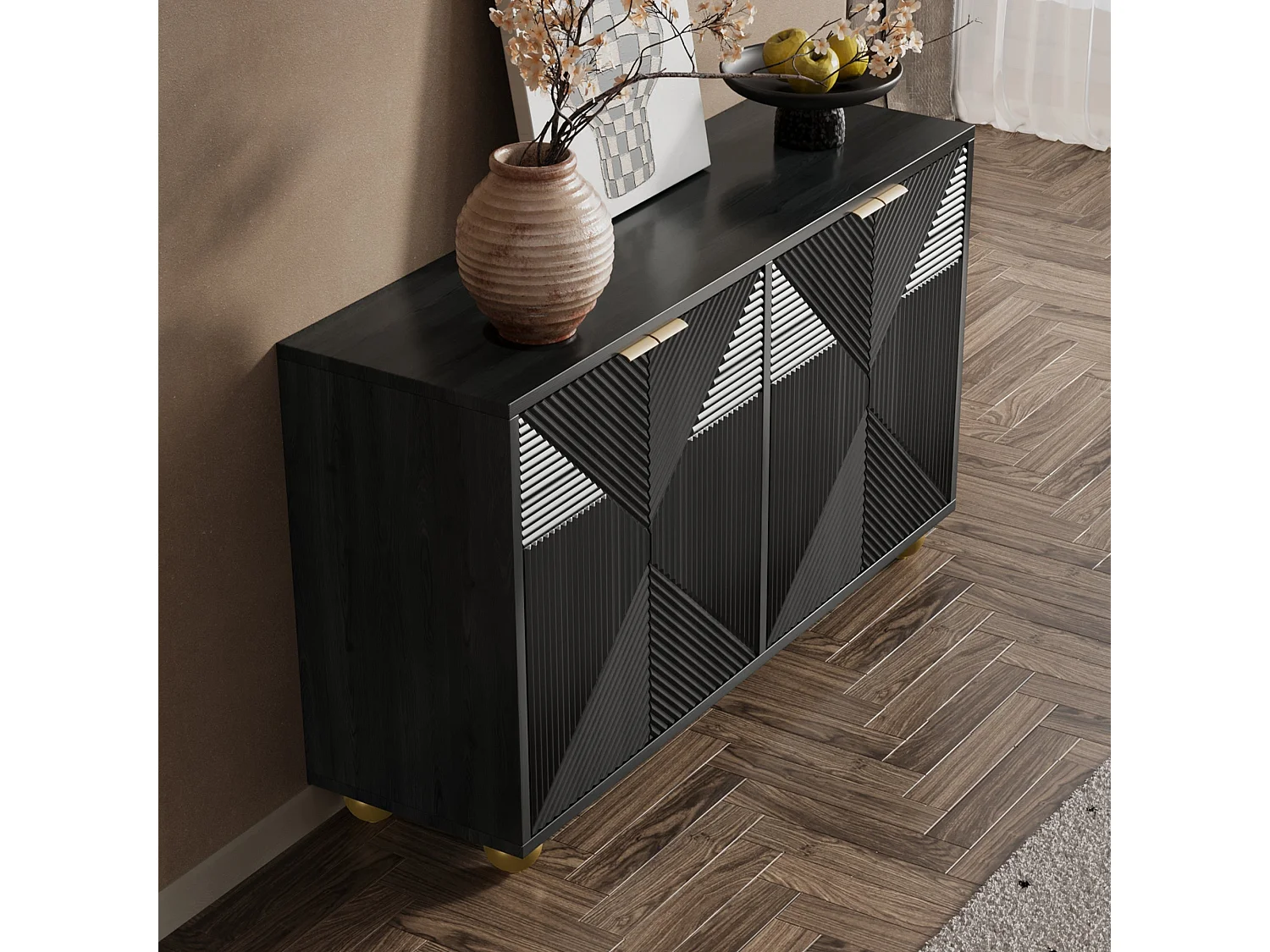 Buffet noir art déco 4 portes sculptées pieds boule, poignées dorés 120x35x71,5cm