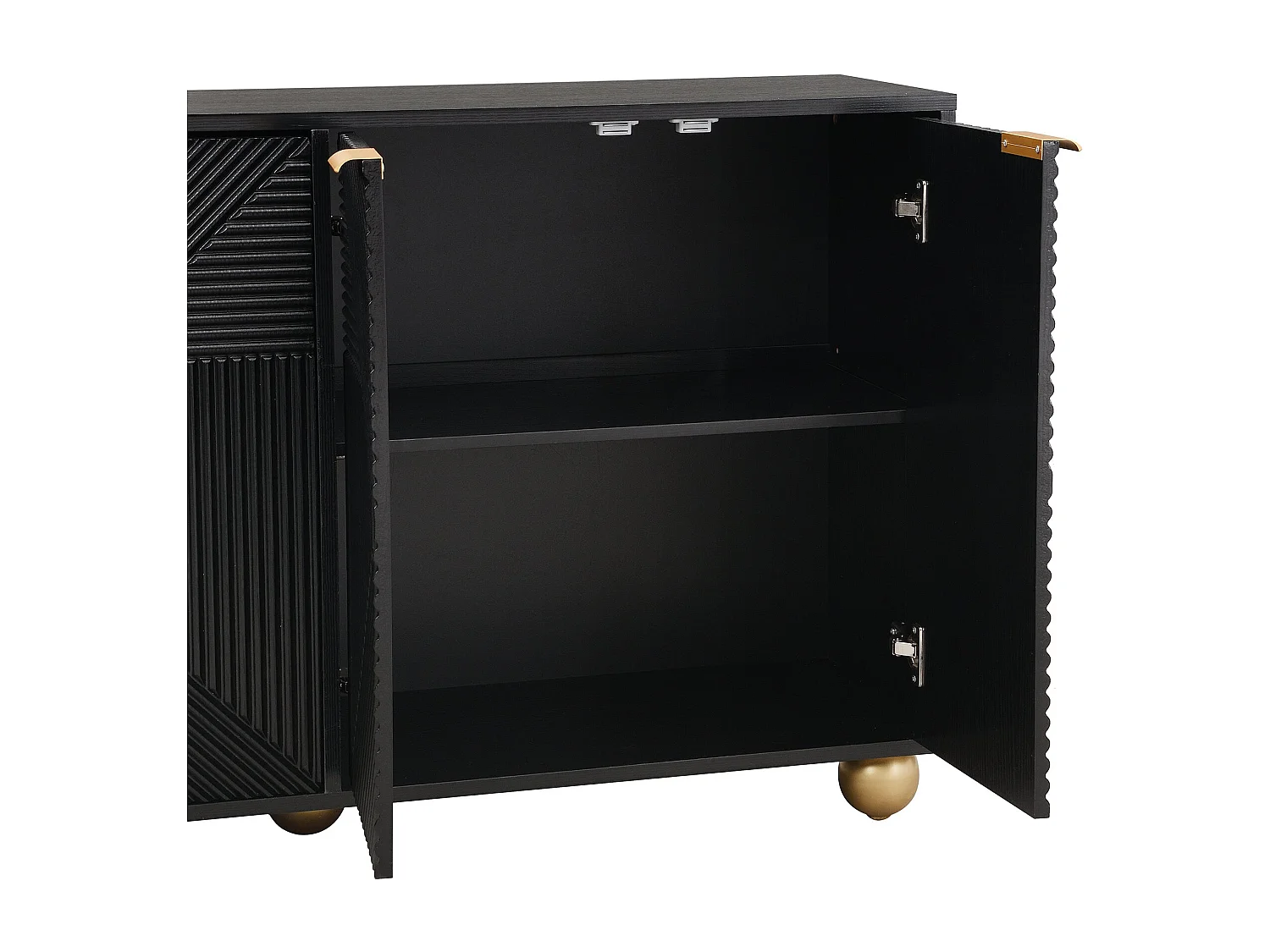 Buffet noir art déco 4 portes sculptées pieds boule, poignées dorés 120x35x71,5cm