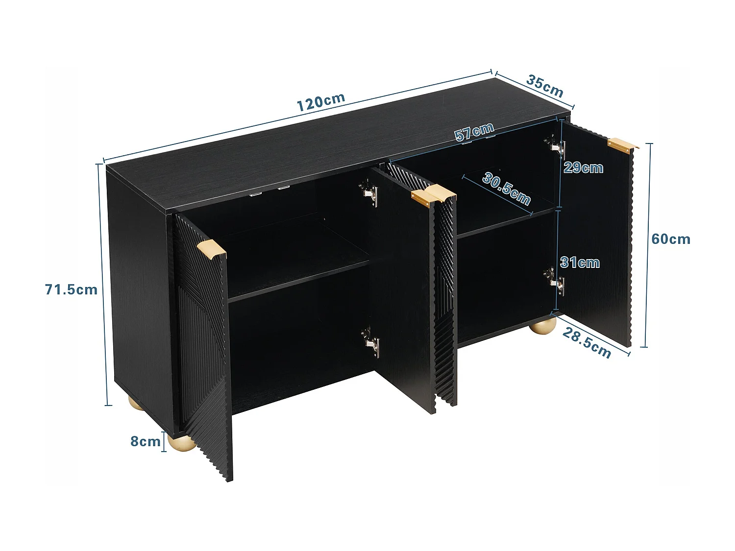 Buffet noir art déco 4 portes sculptées pieds boule, poignées dorés 120x35x71,5cm