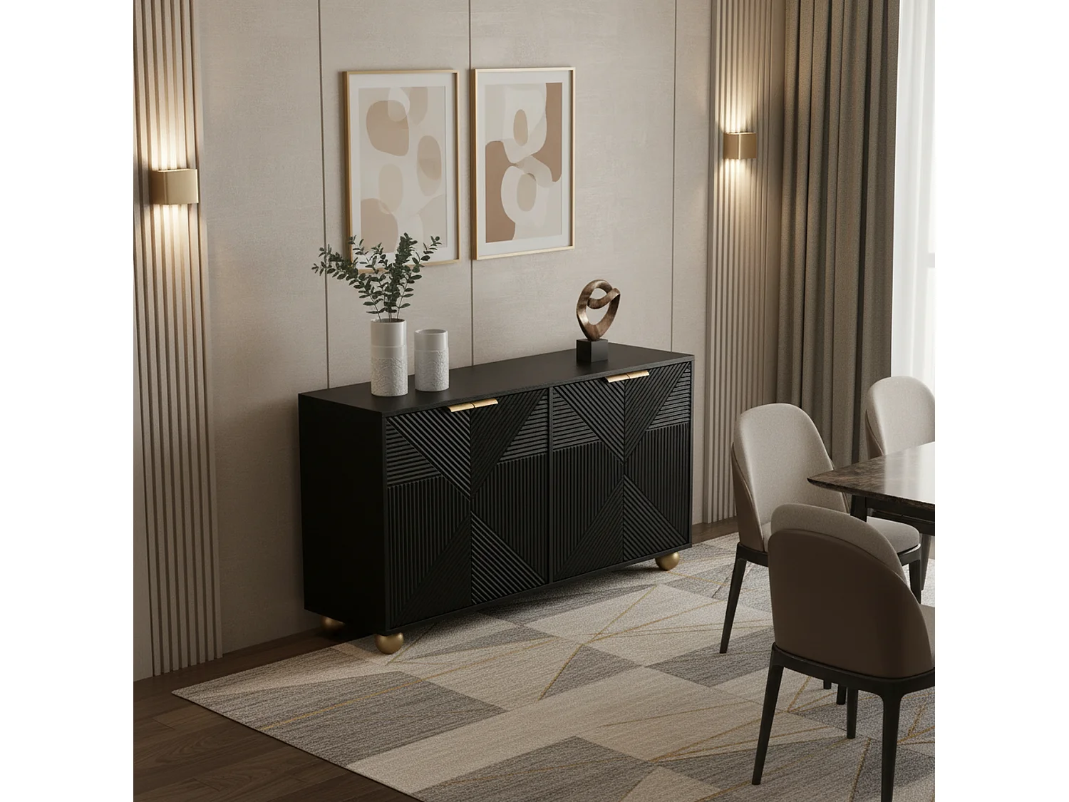 Buffet noir art déco 4 portes sculptées pieds boule, poignées dorés 120x35x71,5cm