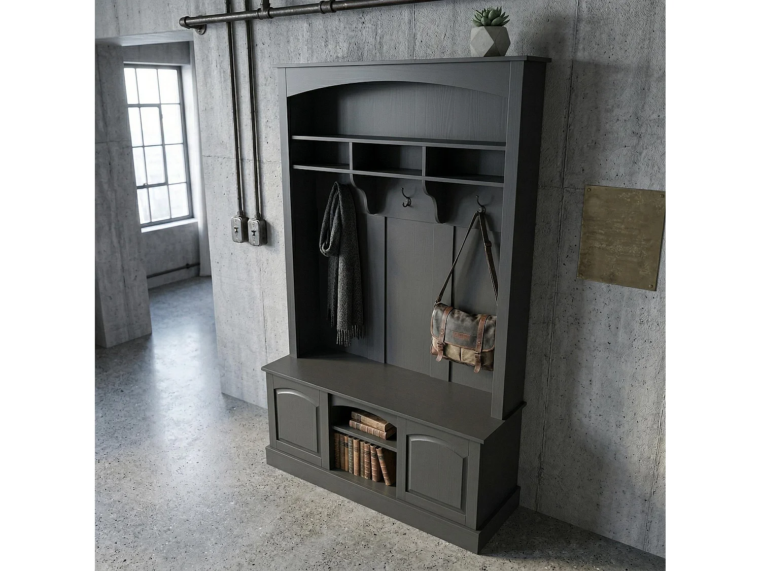 Vestiaire à l'entrée noir avec porte-manteaux étagères et assise 120x40x190 cm