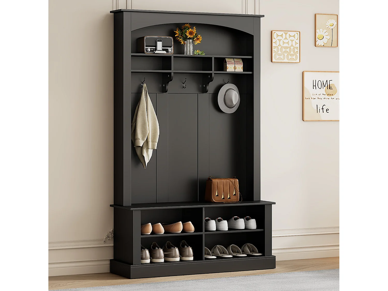 Vestiaire à l'entrée noir avec porte-manteaux étagères et assise 120x40x190 cm