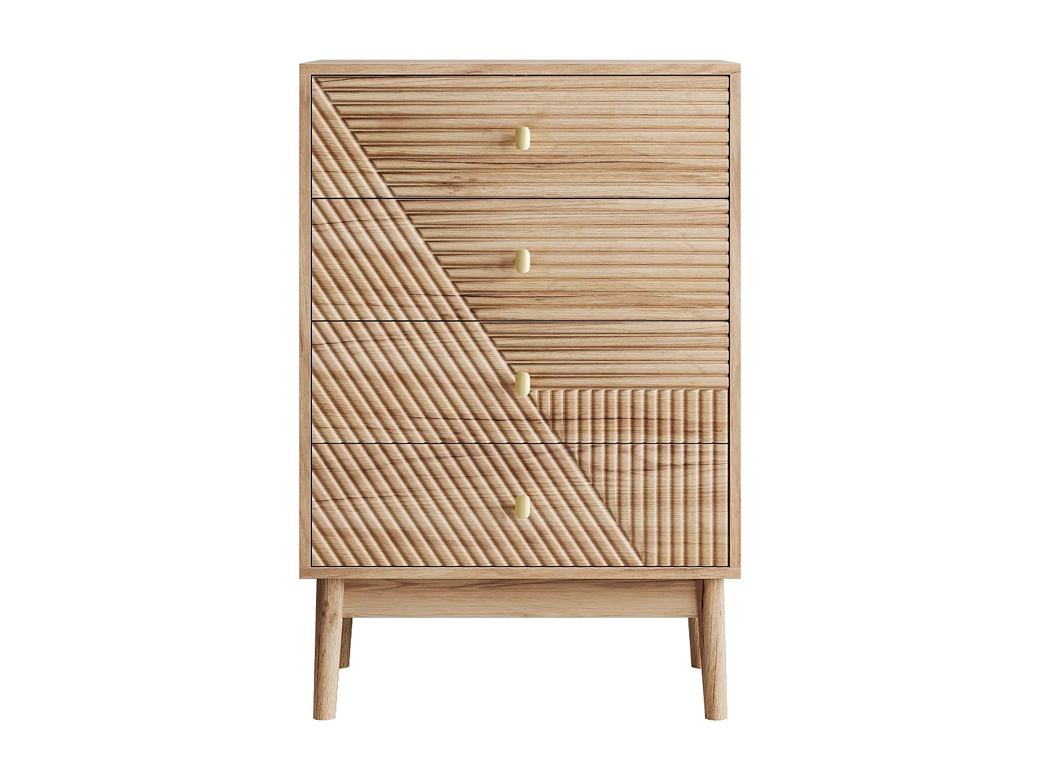 Commode scandinave 4 tiroirs effet bois chêne 4 tiroirs sculptées et pieds évasés 60x40x90cm